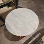 Round Light Stone-Top Sofa Side Table with Rose Gold Pedestal and Hexagonal Metal Base
